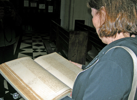 Chip checking out her mother's baptismal certificate