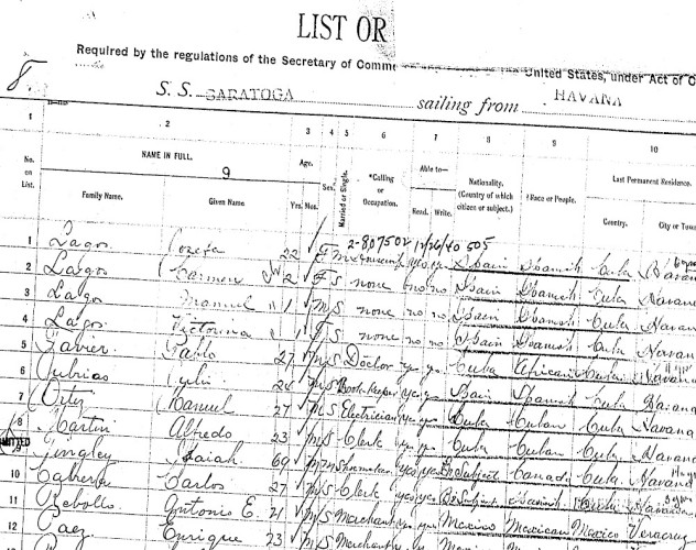 Ellis Island September 1912 partial manifest