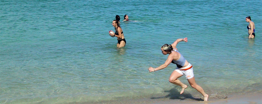 Dana & Pam rugby on beach