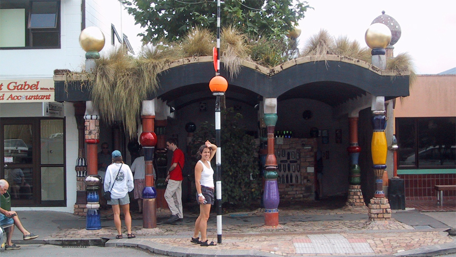 Lindsay at entrance to
                  Kawakawa toilets