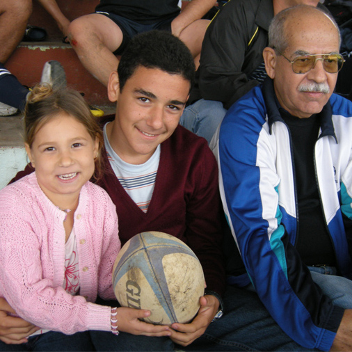 Sheila and Daniel with rugby ball