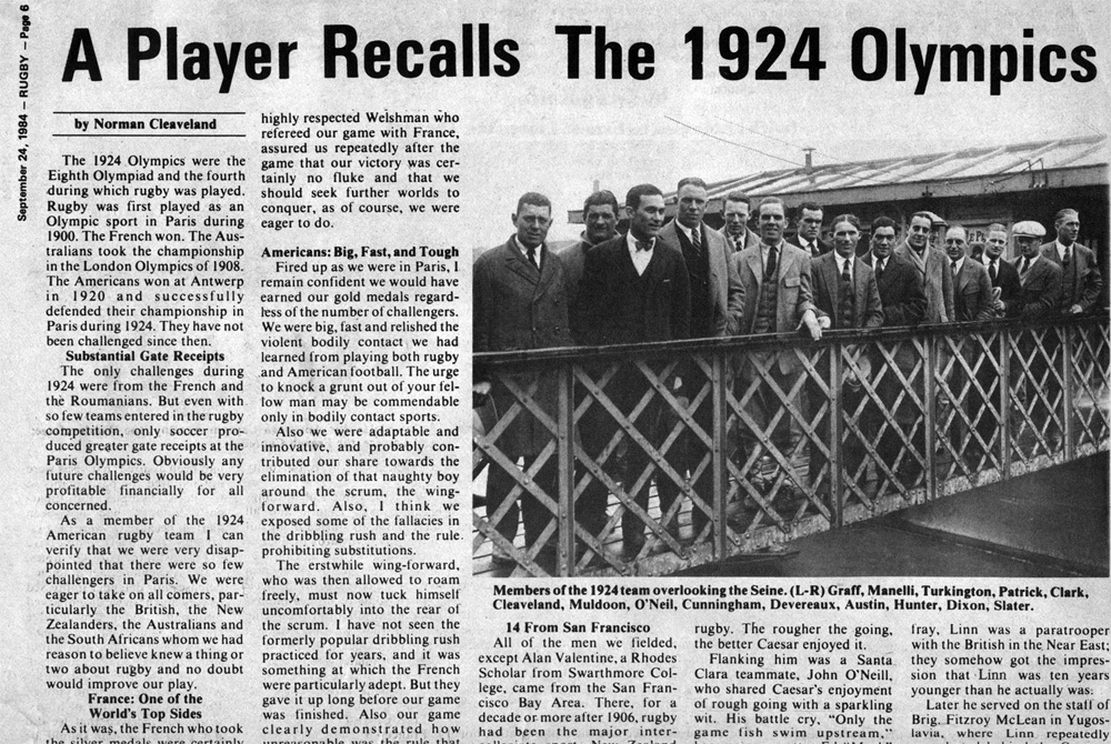 1984 feature article in Rugby on 1924 Olympics